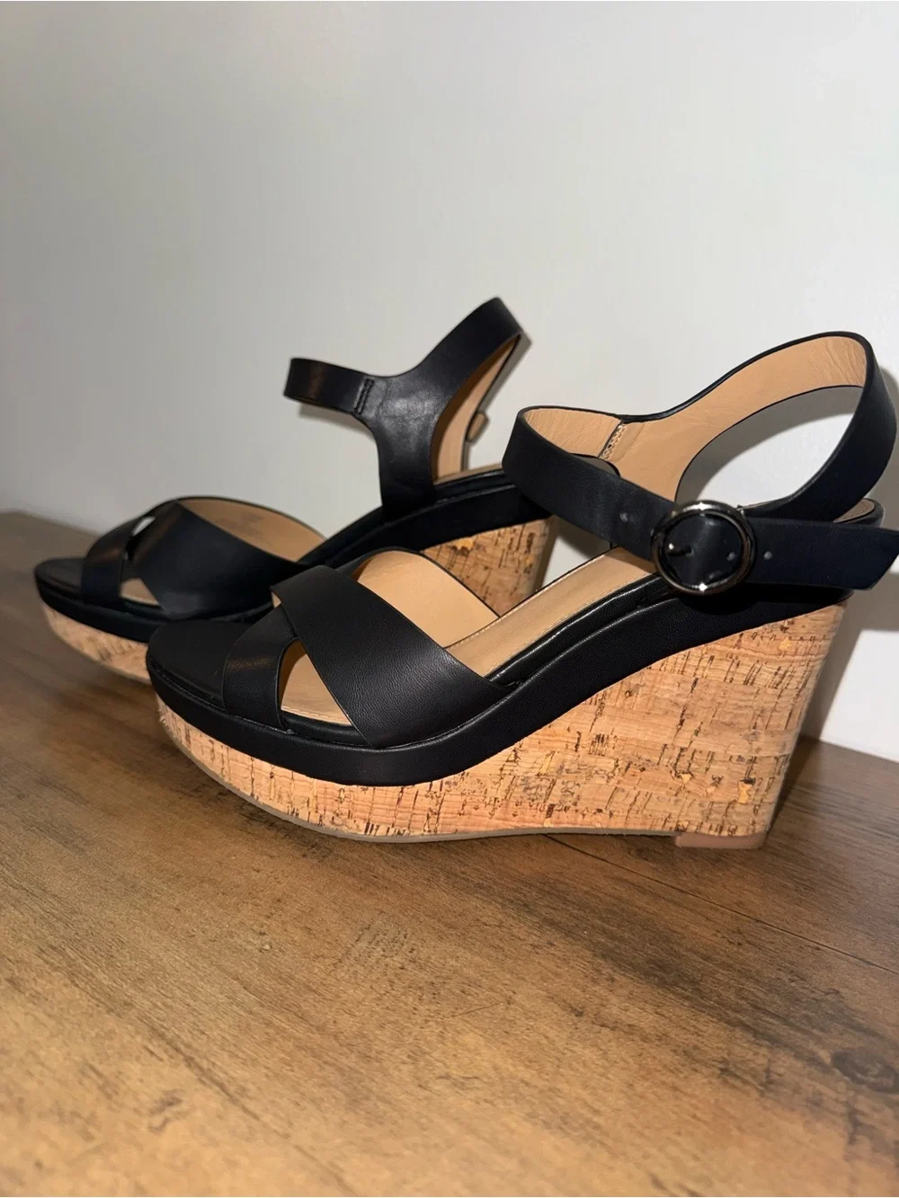 Xappeal Black Cork Wedge Sandals with Ankle Buckle
